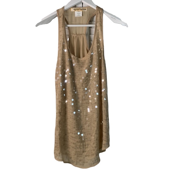 T15 Eyeshadow tan ecru with clear large sequins tank racer back with pleats sz M - Picture 1 of 12